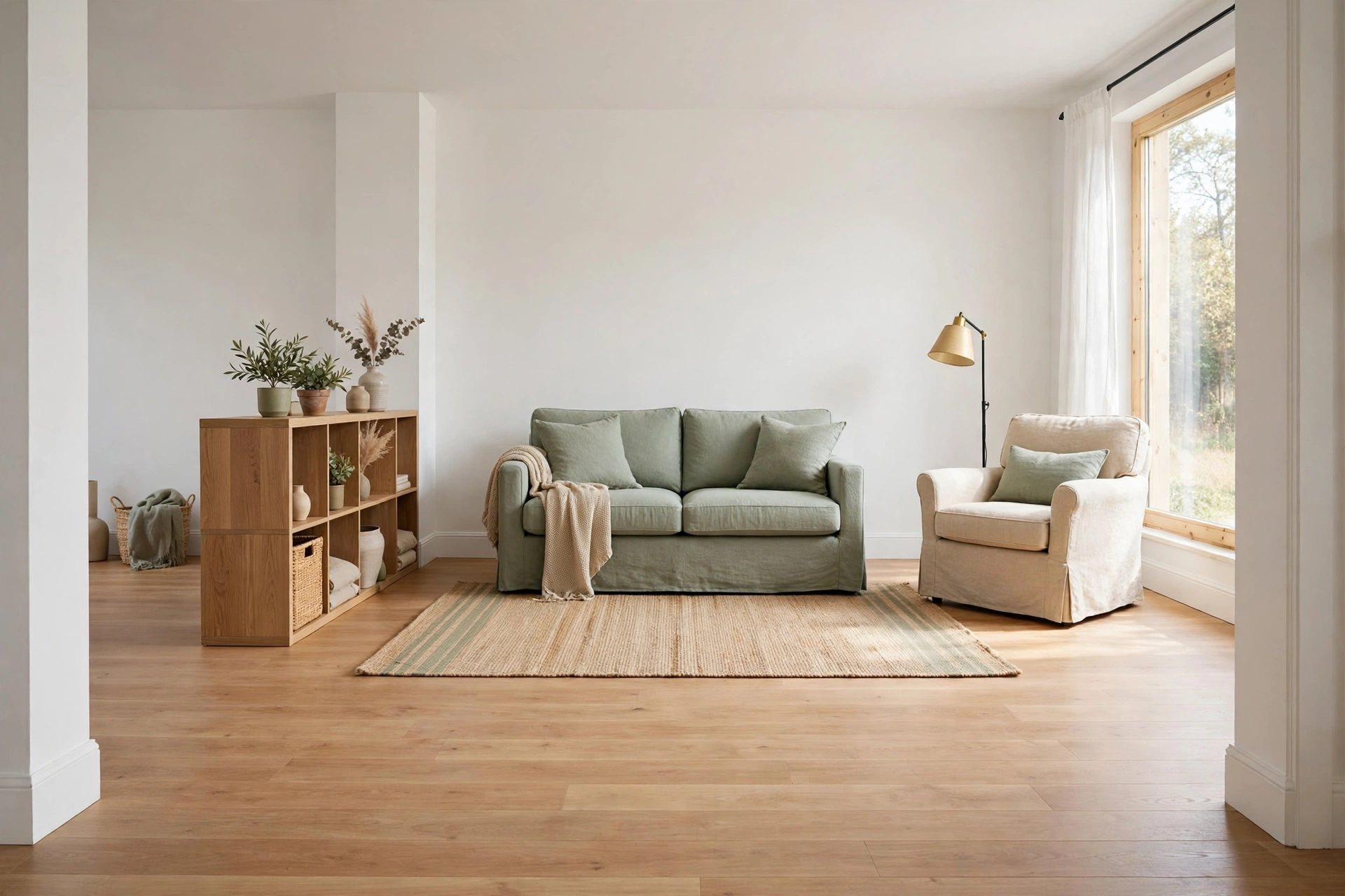 Wide view of a small living room with an open zoned furniture layout: sage loveseat on a jute rug, reading chair by the window, and a low cube shelf acting as a room divider