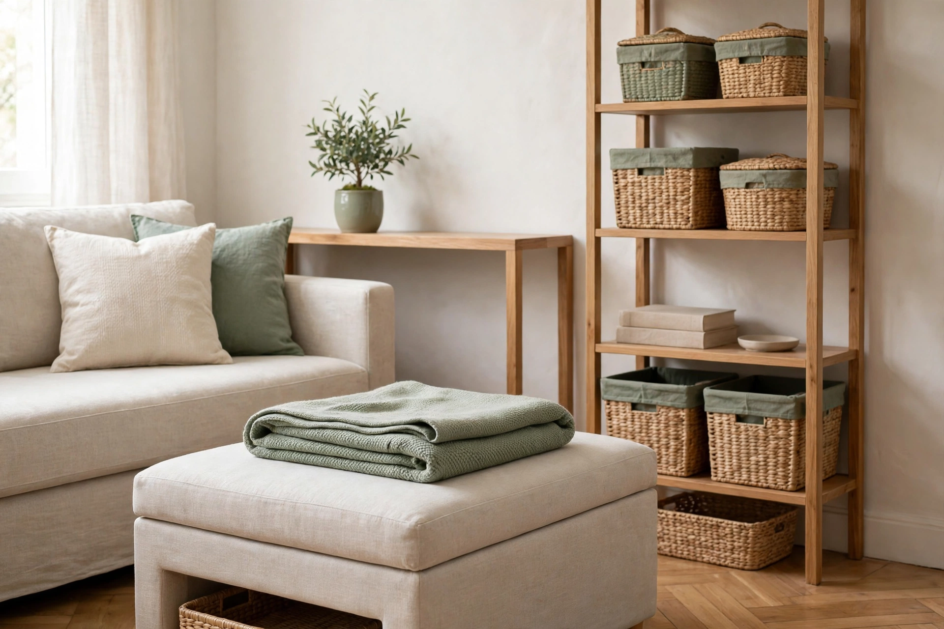 Organized small living room corner with a storage ottoman, slim console table, and tall narrow shelf holding woven baskets with sage green fabric liners