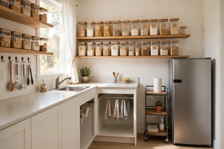 Organized small rental kitchen with labeled containers and vertical storage.