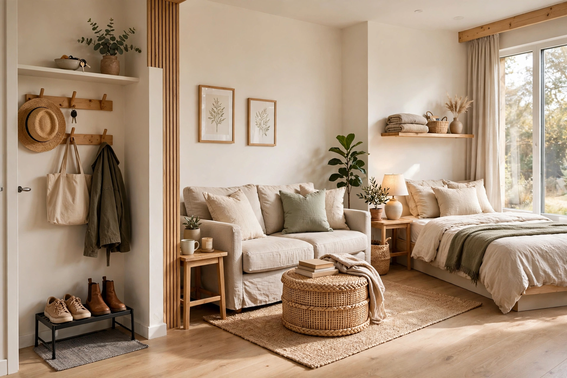 Organized small studio apartment with defined living zones.