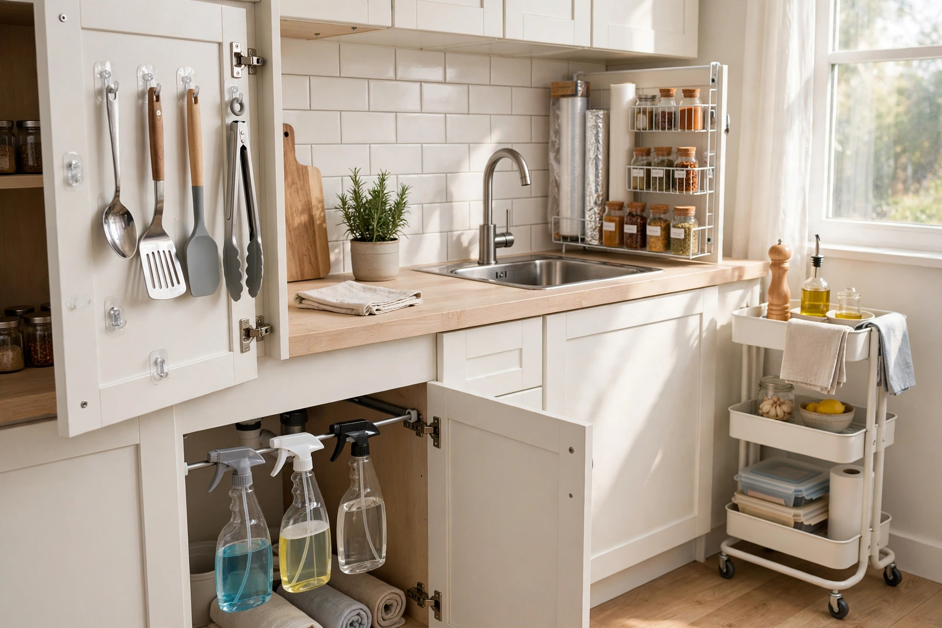 Small rental kitchen organized with no-drill upgrades: adhesive hooks, tension rod, and rolling cart.