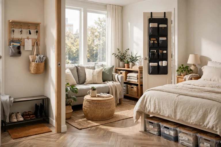 Small apartment with renter-friendly storage ideas in every zone.
