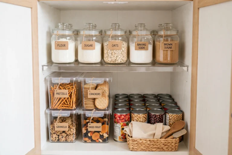 Small pantry cabinet organized on a budget with labeled jars and clear bins