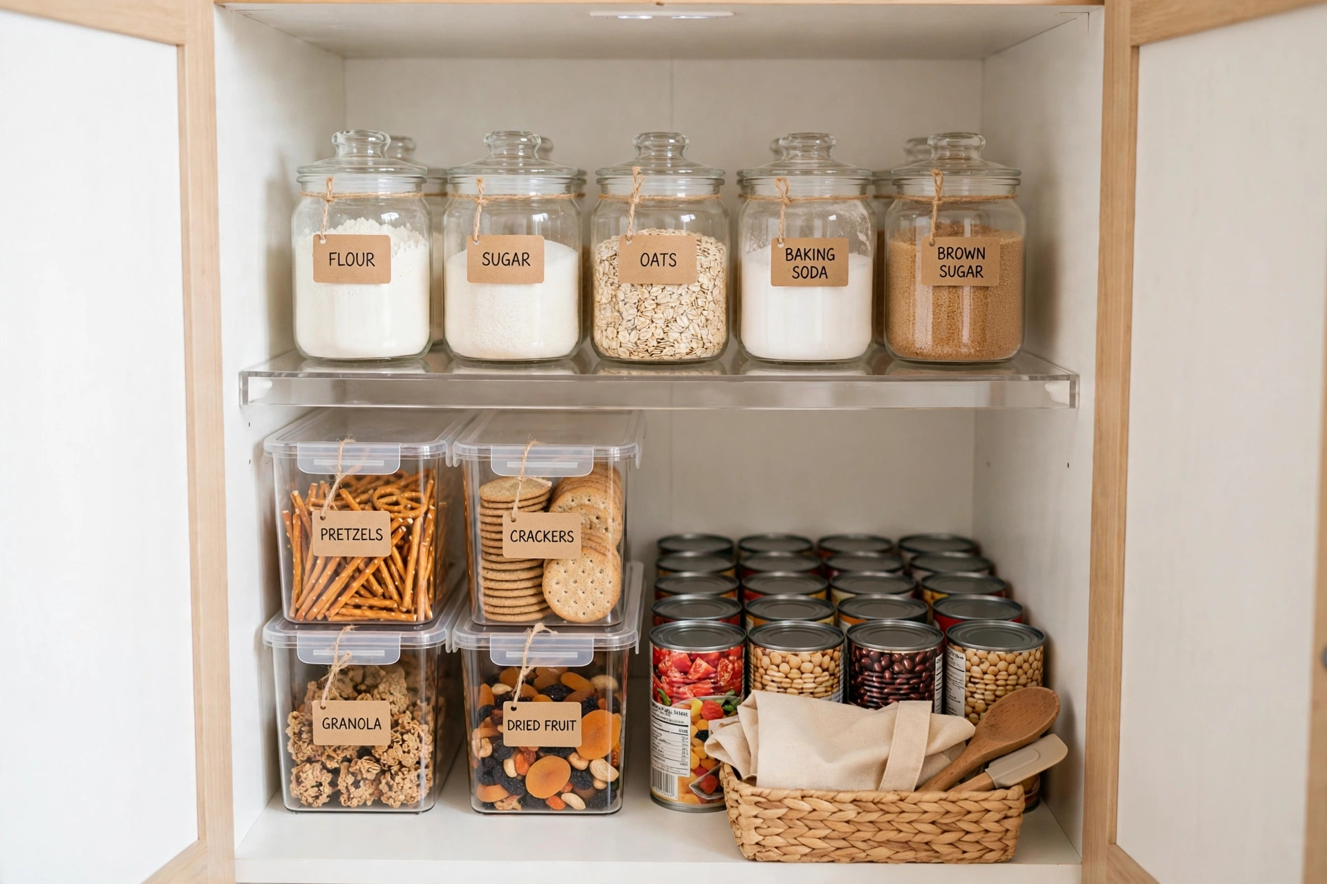 Small pantry cabinet organized on a budget with labeled jars and clear bins