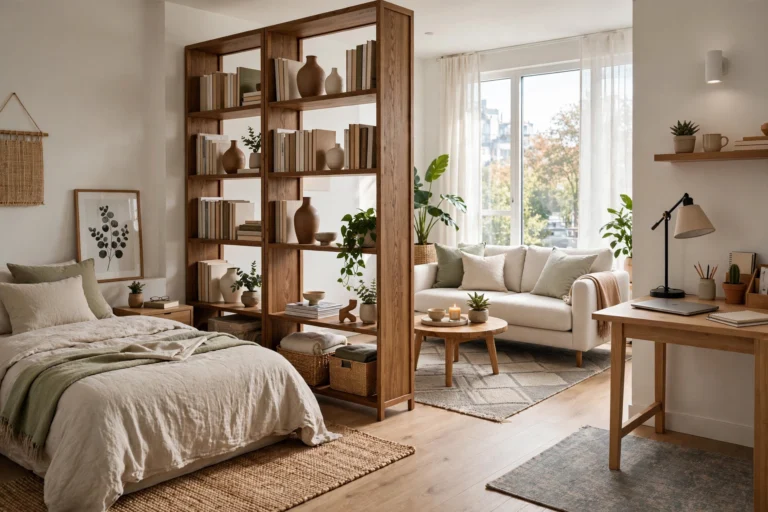 Studio apartment divided into zones with a bookcase room divider