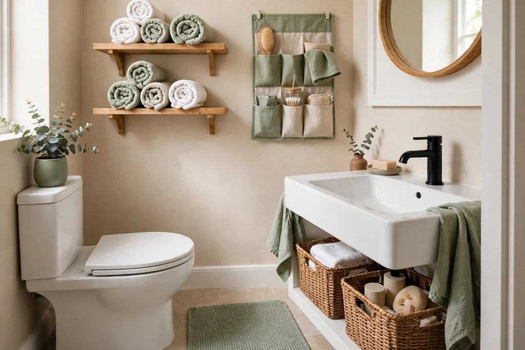 Organized bathroom with tidy shelves and baskets