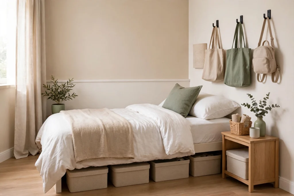 Calm organized bedroom with tidy storage