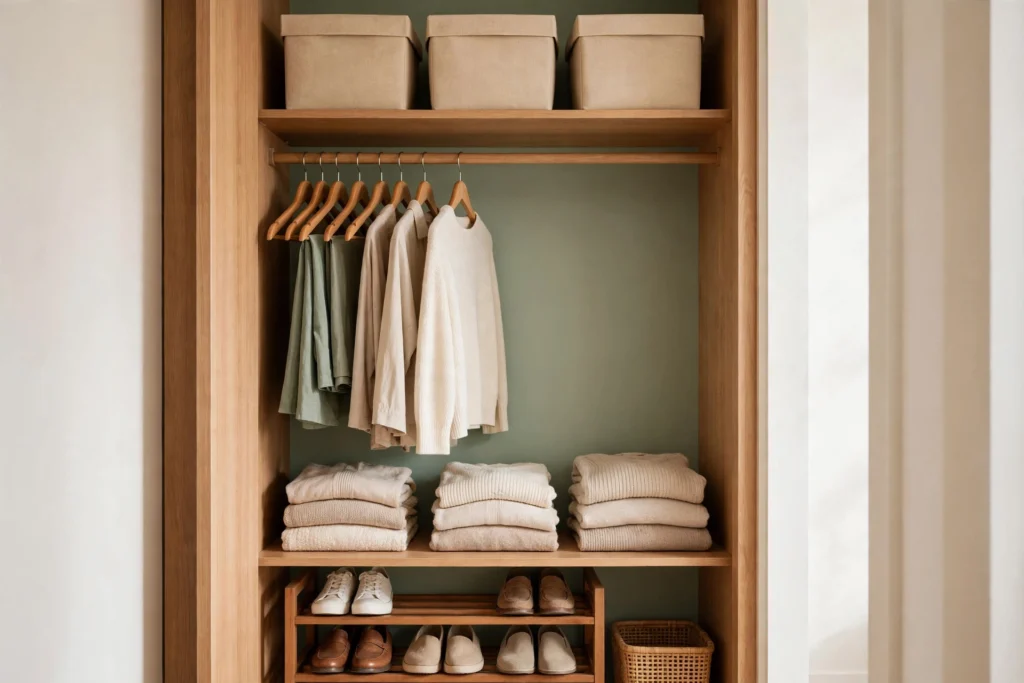 Well-organised small closet with matching hangers, folded items and labelled storage boxes