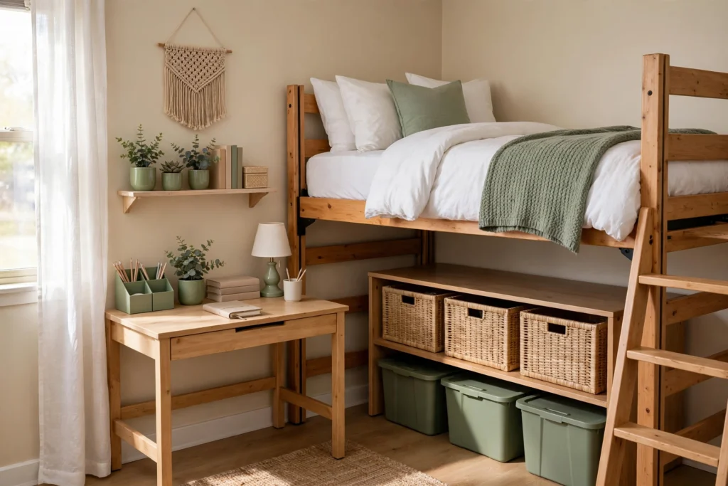 Organized dorm room with under-bed storage