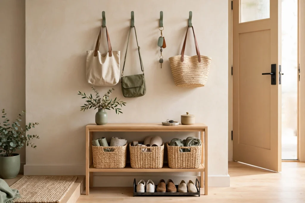Tidy entryway with coat hooks and storage bench