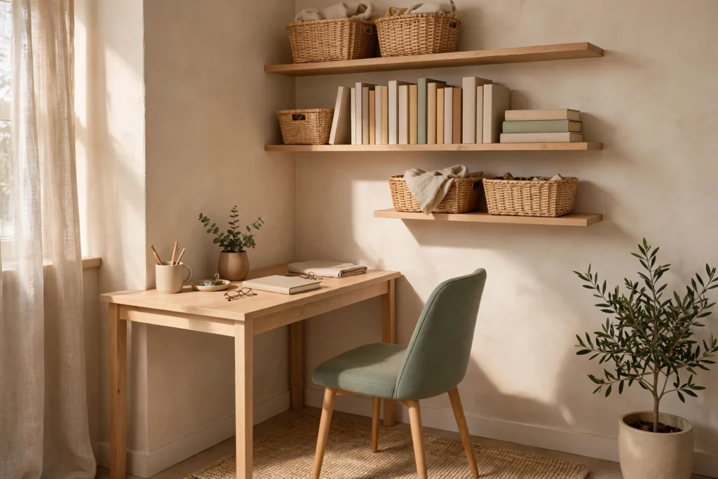 Neatly organised living room nook in a small apartment with tidy storage baskets and a comfortable armchair