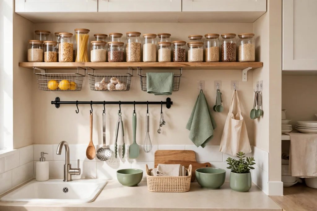 Organised small kitchen with clear counters, labelled glass jars and neatly arranged under-shelf storage